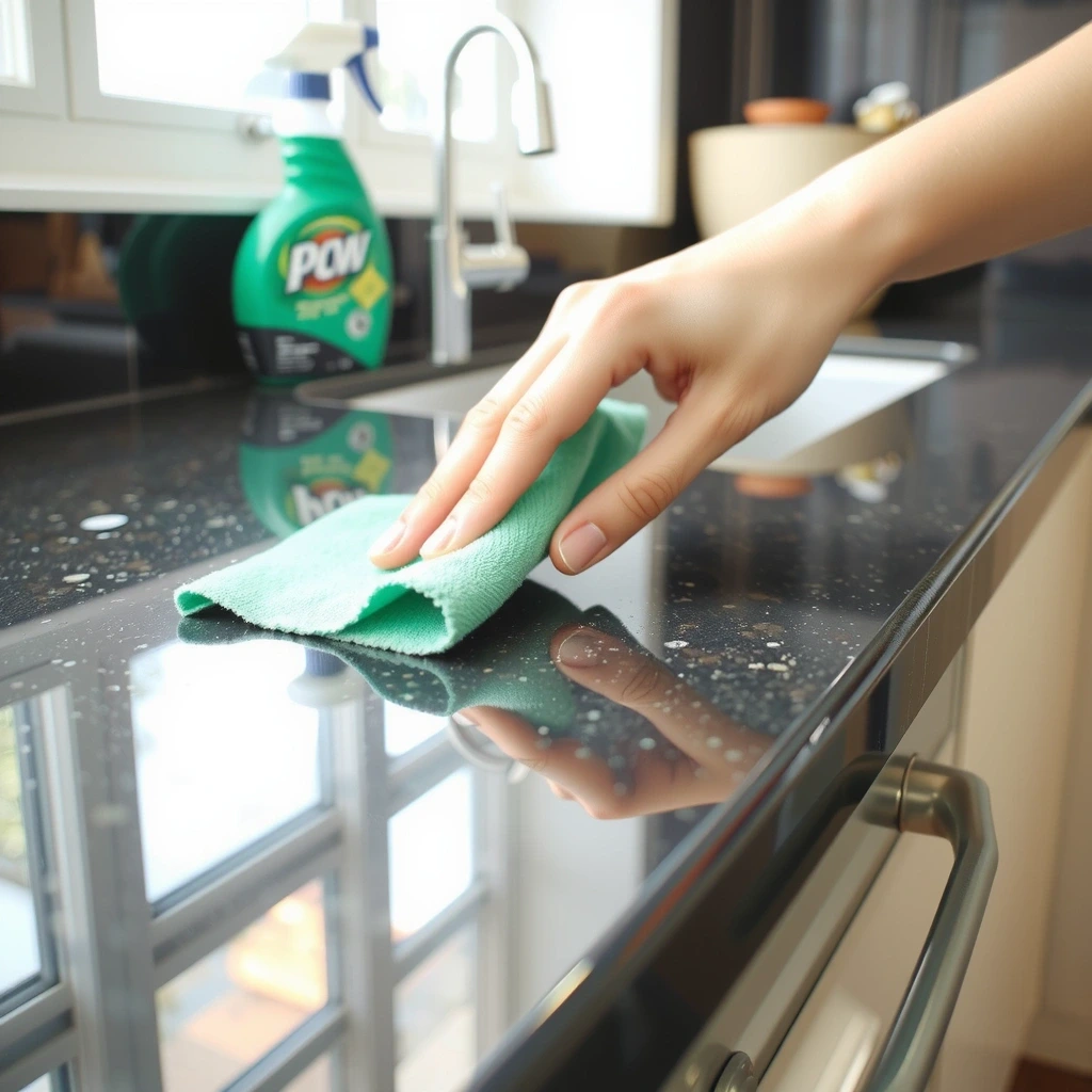 Microfiber cloth wiping countertop